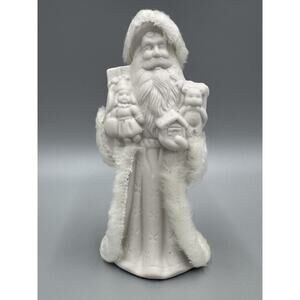 K's Collection Porcelain Winter White Santa w/ Bell & Teddy Bear W/ Faux Fur 7”
